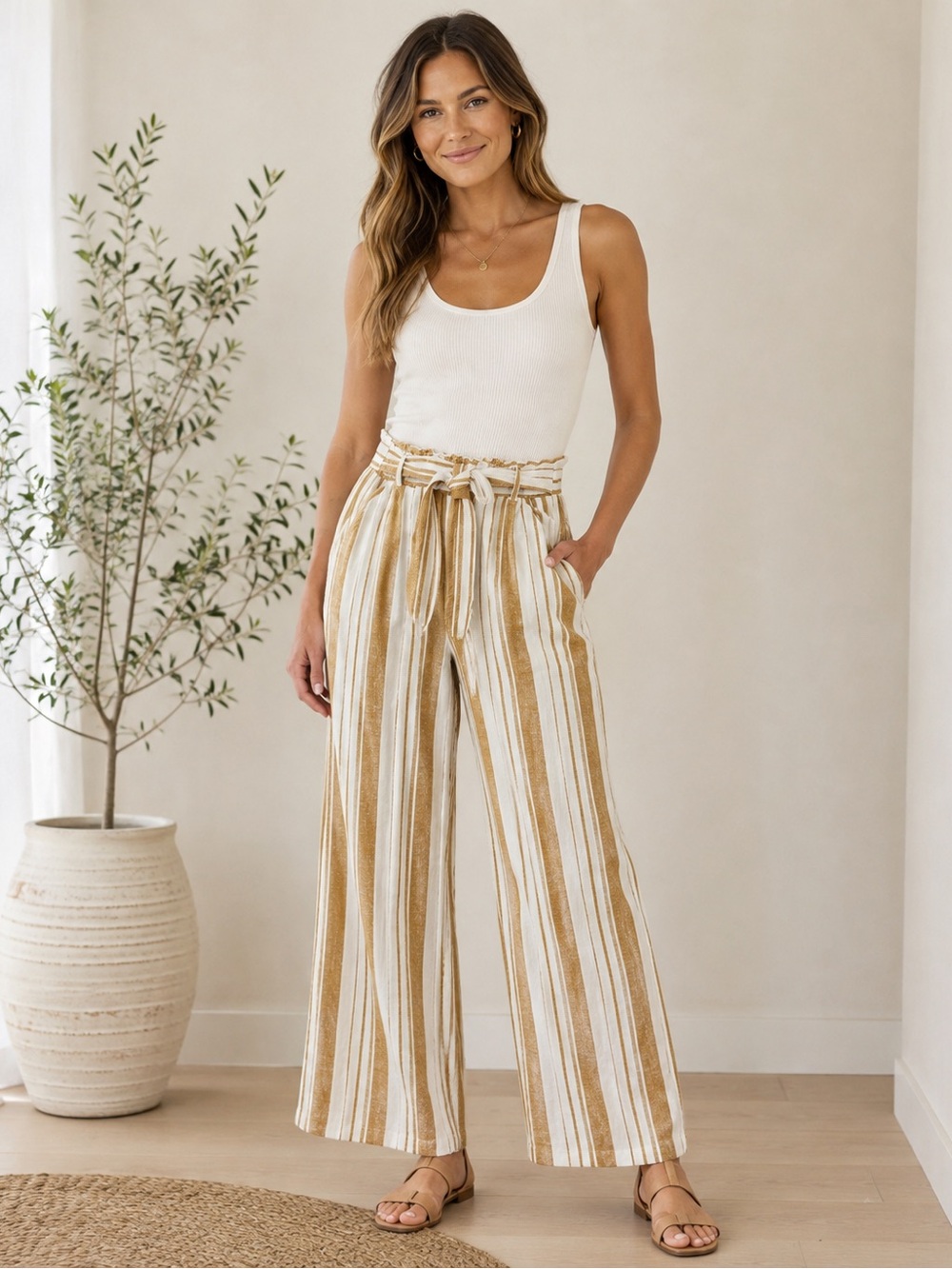 Rewind Linen Blend Striped Wide Leg Pants Mustard Ivory Size M